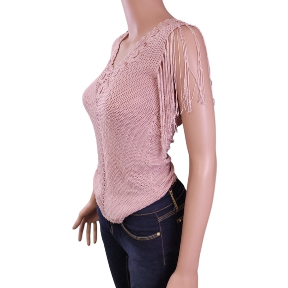The Limited Womens Vtg y2k Hand Knit Beaded Fringe Crochet V Neck Pink Top SzS🖤 - Picture 6 of 15